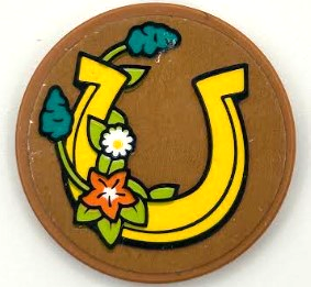 Tile, Round 3 x 3 with Yellow Horseshoe and Coral, Dark Turquoise, White and Lime Flowers Pattern (Sticker) - Set 41745