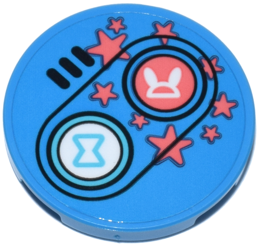 Tile, Round 3 x 3 with Game Controller with Coral Stars, Medium Azure Hourglass, White Bunny and Black Buttons Pattern (Sticker) - Set 71490