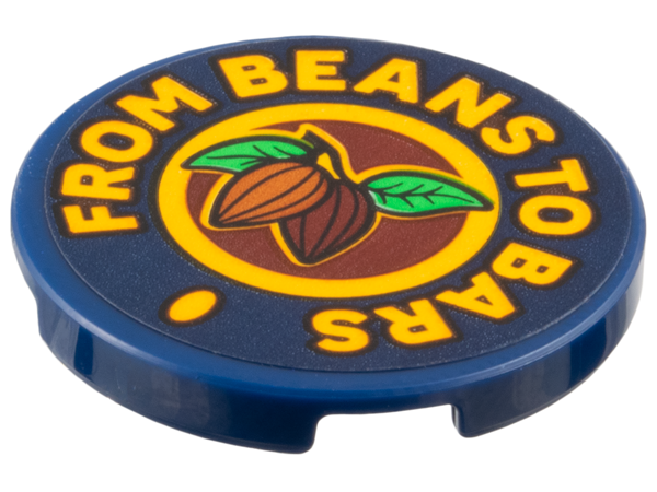 Tile, Round 3 x 3 with Bright Light Orange 'FROM BEANS TO BARS', Reddish Brown Circle, Dark Brown and Dark Orange Cocoa Beans, Bright Green Leaves Pattern (Sticker) - Set 910039