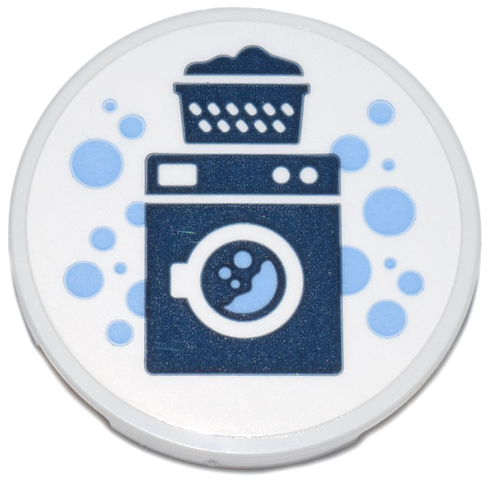 Tile, Round 3 x 3 with Laundromat Plaque with Dark Blue Washing Machine and Laundry Basket, Bright Light Blue Bubbles Pattern (Sticker) - Set 42670