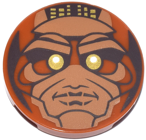 Tile, Round 3 x 3 with Medium Nougat and Dark Brown Statue Face with Gold and White Eyes Pattern