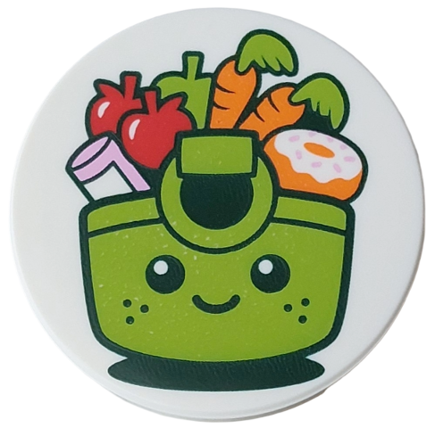 Tile, Round 3 x 3 with Lime Shopping Basket with Black Eyes, Mouth and Freckles, Apple, Bright Pink Bottle, Red Strawberries, Orange Carrots and Donut with White Frosting Pattern