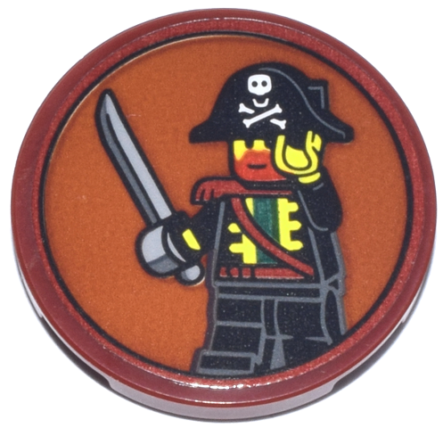 Tile, Round 3 x 3 with Portrait of Pirate Minifigure with Sword on Dark Orange Background Pattern (Sticker) - Set 910050