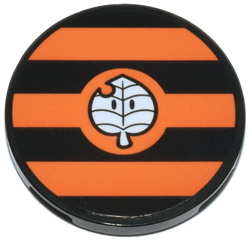Tile, Round 3 x 3 with Wide Orange Stripes and White Leaf with Eyes and Notch (Mario Kart Super Leaf) Pattern (Sticker) - Set 72044
