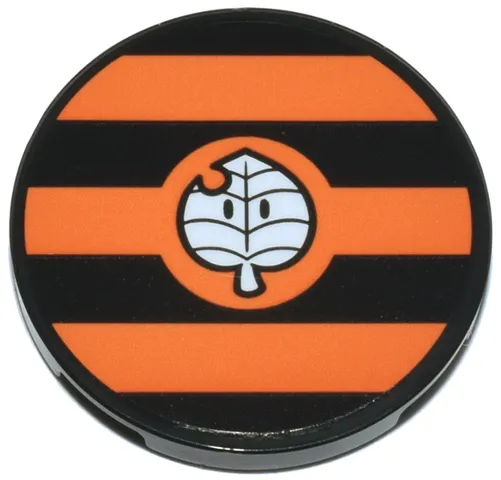 Tile, Round 3 x 3 with Wide Orange Stripes and White Leaf with Eyes and Notch (Mario Kart Super Leaf) Pattern (Sticker) - Set 72044