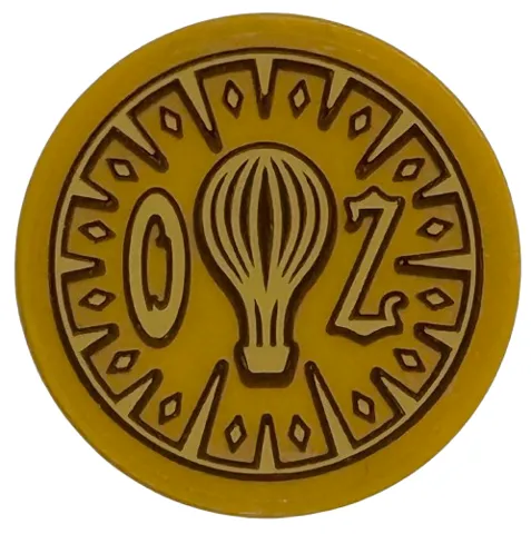 Tile, Round 3 x 3 with Dark Brown and Gold 'OZ' and Hot Air Balloon with Mechanical Border Pattern (Sticker) - Set 75691