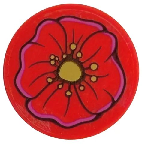 Tile, Round 3 x 3 with Poppy Flower, Dark Pink Petal Edges with Gold Centre and Stamens Pattern (Sticker) - Set 75691