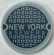 Tile, Round 3 x 3 with 'NEW YORK SEWER' and Dark Bluish Gray Manhole Cover Pattern (Sticker) - Set 76178