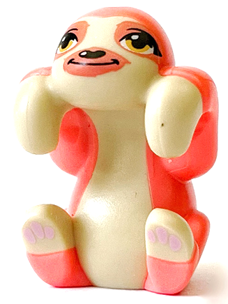 Sloth, Friends Style with Molded Tan Face, Stomach and Paws and Printed Bright Light Orange Eyes with Single Eyelashes, Black Nose, Coral Eye Patches and Muzzle, Bright Pink Paw Pads Pattern