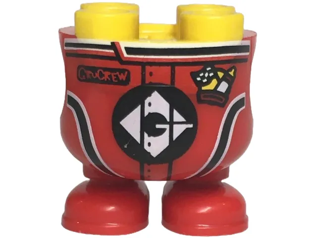 Lower Body, Rounded, Short Legs with Molded Red Racing Suit and Shoes and Printed Black Panels and Stripes with 'GruCrew', Gru and Pit Stop Logo with Flag Pattern