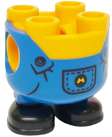 Lower Body, Rounded, Short Legs with Molded Blue Overalls and Black Shoes and Printed Black Buttons and Pocket with Yellow Minions Letter M Logo Pattern
