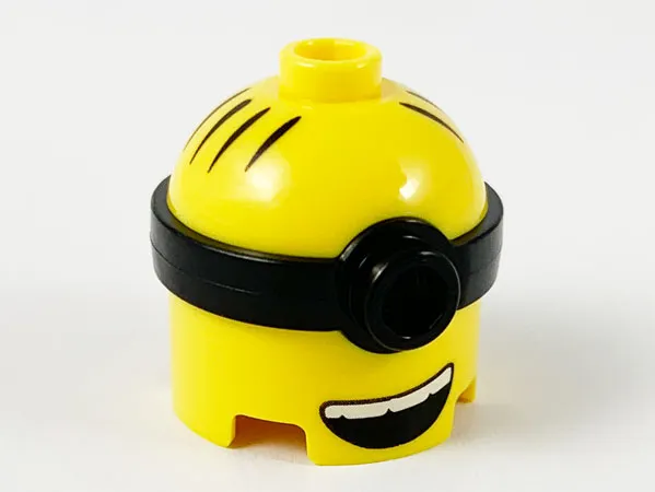 Minifigure, Head, Modified Minion, Tall with Molded Black Single Lens Goggles and Printed Hair and Open Mouth with White Teeth Pattern