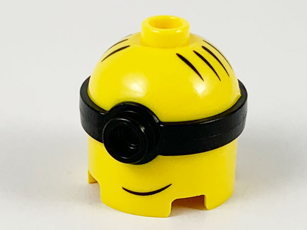 Minifigure, Head, Modified Minion, Tall with Molded Black Single Lens Goggles and Printed Hair and Lopsided Grin Pattern