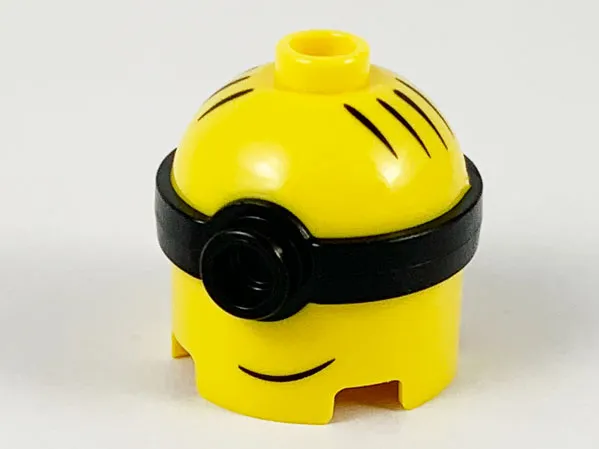 Minifigure, Head, Modified Minion, Tall with Molded Black Single Lens Goggles and Printed Hair and Lopsided Grin Pattern