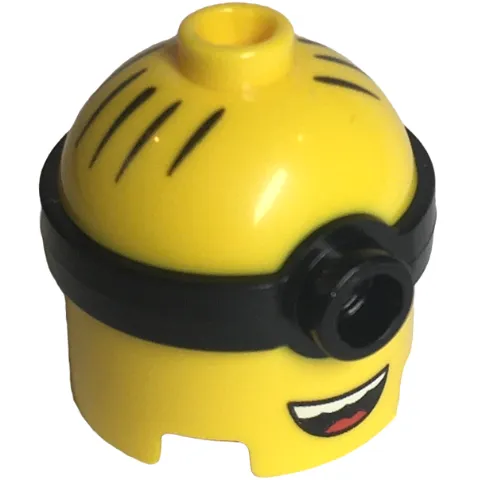 Minifigure, Head, Modified Minion, Tall with Molded Black Single Lens Goggles and Printed Hair and Open Mouth with White Teeth and Red Tongue Pattern