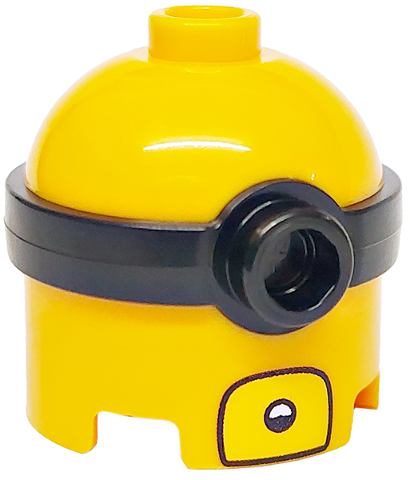 Minifigure, Head, Modified Minion, Tall with Molded Black Single Lens Goggles and Printed Open Yellow Mouth with White Teeth Pattern