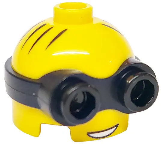 Minifigure, Head, Modified Minion, Short with Molded Black Goggles and Printed Hair and Open Mouth with White Teeth Pattern
