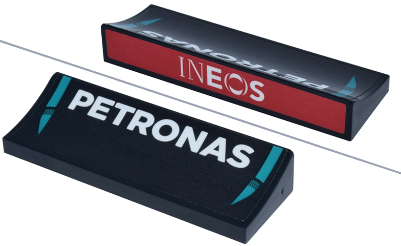 Arch 6 x 2 x 5/6 Inverted with Dark Turquoise Lines, White 'PETRONAS' and 'INEOS' Logo on Red Background Pattern (Stickers) - Set 77244