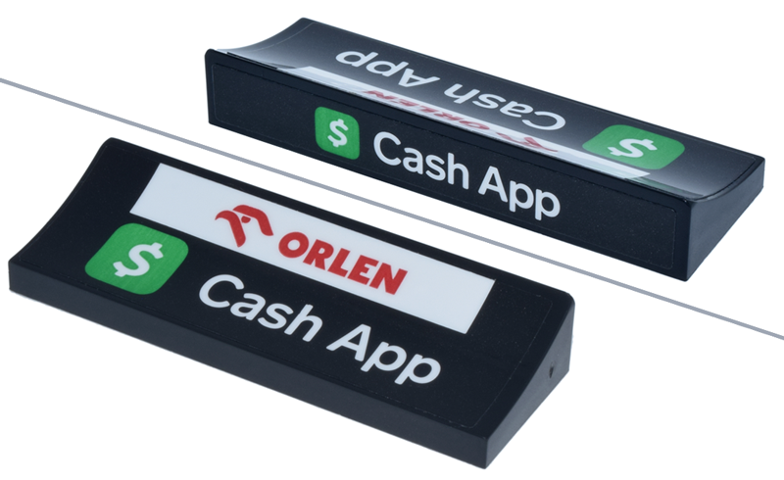 Arch 6 x 2 x 5/6 Inverted with White 'Cash App' and Bright Green Square with Dollar Sign Logo, Red 'ORLEN' on Rectangle Pattern (Stickers) - Set 77246