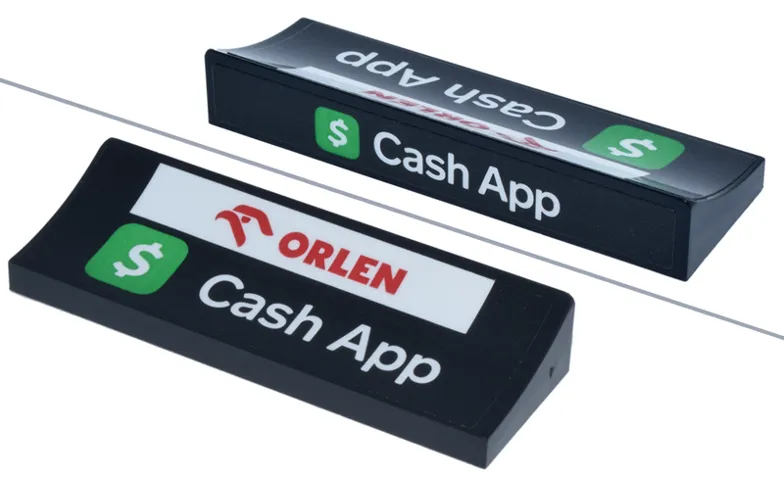 Arch 6 x 2 x 5/6 Inverted with White 'Cash App' and Bright Green Square with Dollar Sign Logo, Red 'ORLEN' on Rectangle Pattern (Stickers) - Set 77246