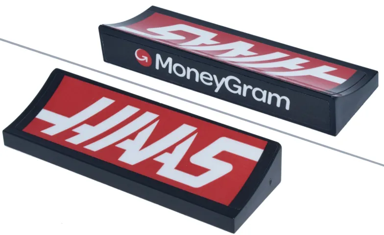 Arch 6 x 2 x 5/6 Inverted with White 'MoneyGram' and Arrow Logo and 'HAAS' on Red Background Pattern (Stickers) - Set 77250