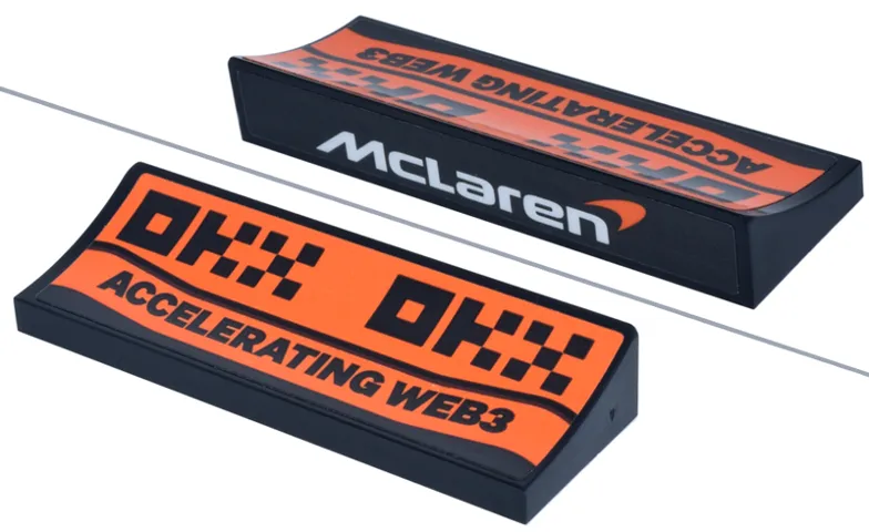 Arch 6 x 2 x 5/6 Inverted with 'DKX DKX' 'ACCELERATING WEB3' on Orange Background and White 'McLaren' Logo Pattern (Stickers) - Set 77251