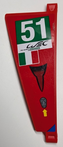 Technic, Panel Curved #50 5 x 13 Tapered Left with Air Intake, Blue Triangle, Yellow Arrow, Silver Latch, Italian Flag, 'WEC FIA WORLD ENDURANCE CHAMPIONSHIP' and White '51' in Green Rectangle Pattern (Sticker) - Set 42125