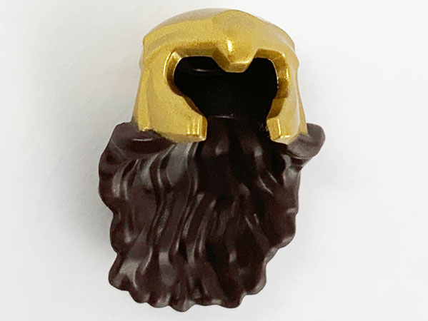 Minifigure, Hair Combo, Hair with Hat, Long and Wavy with Pearl Gold Helmet with Forehead and Cheek Protectors Pattern