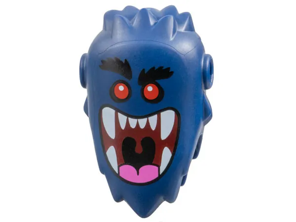 Minifigure, Head, Modified, Bogeyman with Pin Holes with Black Bushy Eyebrows, Red Eyes, Dark Red Large Open Mouth with Dark Pink Tongue and White Teeth Pattern