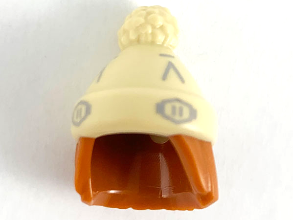 Minifigure, Hair Combo, Hair with Hat, Straight Shoulder Length with Molded Tan Stocking Cap and Printed Light Bluish Gray Shapes Pattern