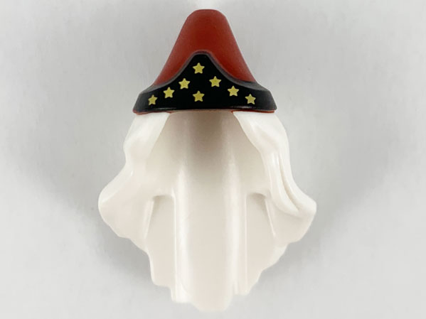 Minifigure, Hair Combo, Hat with Hair, Long and Wavy with Molded Dark Red Pointed Hat and Printed Black Band and Gold Stars Pattern