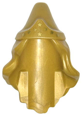 Minifigure, Hair Combo, Hat with Hair, Long and Wavy with Pointed Hat and Gold Stars Pattern