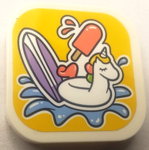 Tile, Modified 4 x 4 with Rounded Corners and 4 Feet with Lavender Surfboard, Coral Popsicle, White Unicorn Inflatable and Medium Blue Water Splash on Yellow Background Pattern (Sticker) - Set 41710
