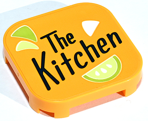 Tile, Modified 4 x 4 with Rounded Corners and 4 Feet with Black 'The Kitchen' and Lime Fruit Slices Pattern (Sticker) - Set 41747