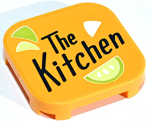 Tile, Modified 4 x 4 with Rounded Corners and 4 Feet with Black 'The Kitchen' and Lime Fruit Slices Pattern (Sticker) - Set 41747