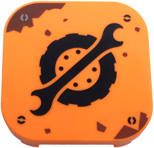Tile, Modified 4 x 4 with Rounded Corners and 4 Feet with Black Spanner Wrench and Wheel with Tire Logo, Reddish Brown Rust Stains, Screw Heads Pattern