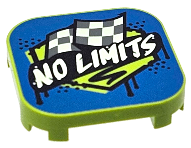 Tile, Modified 4 x 4 with Rounded Corners and 4 Feet with White 'NO LIMITS' on Black Banner and Dark Bluish Gray Checkered Flags on Blue Background Pattern