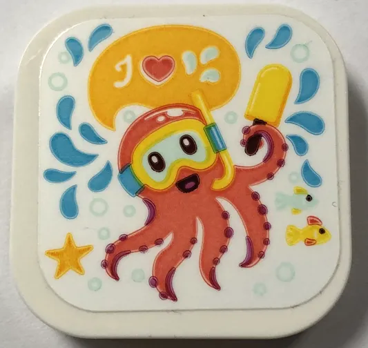 Tile, Modified 4 x 4 with Rounded Corners and 4 Feet with Coral Octopus with Yellow Mask and Popsicle, Medium Azure Water Splashes Pattern (Sticker) - Set 41720