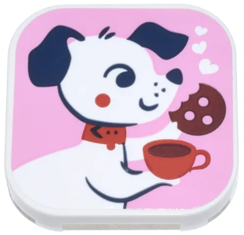 Tile, Modified 4 x 4 with Rounded Corners and 4 Feet with Dog with Dark Blue Ears, Red Collar and Coffee Cup, and Dark Red Cookie on Bright Pink Background Pattern (Sticker) - Set 42677