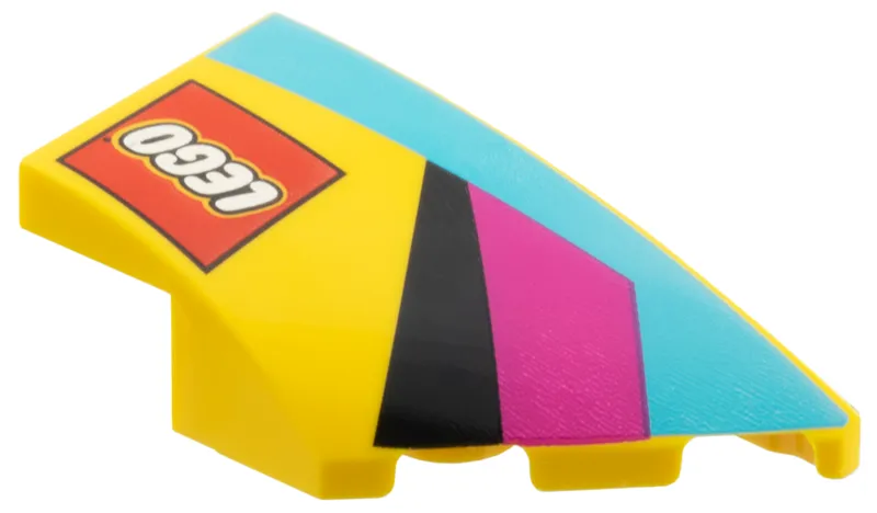 Wedge 4 x 2 Right No Studs with Black, Magenta, and Medium Azure Stripes, LEGO Logo Pattern