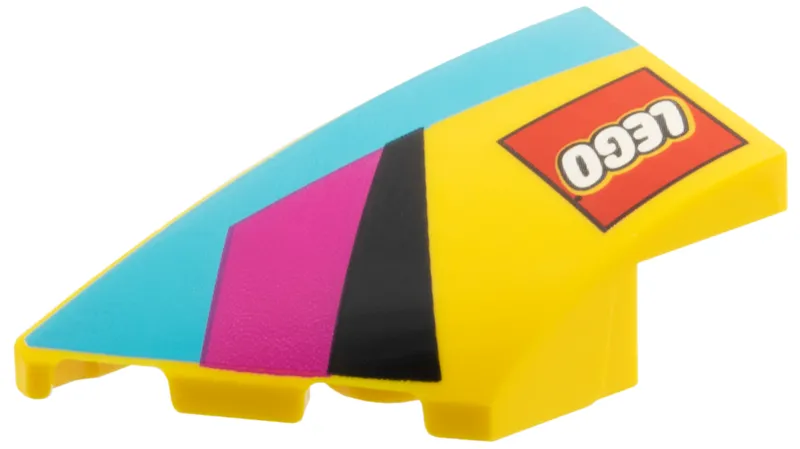 Wedge 4 x 2 Left No Studs with Black, Magenta, and Medium Azure Stripes, LEGO Logo Pattern