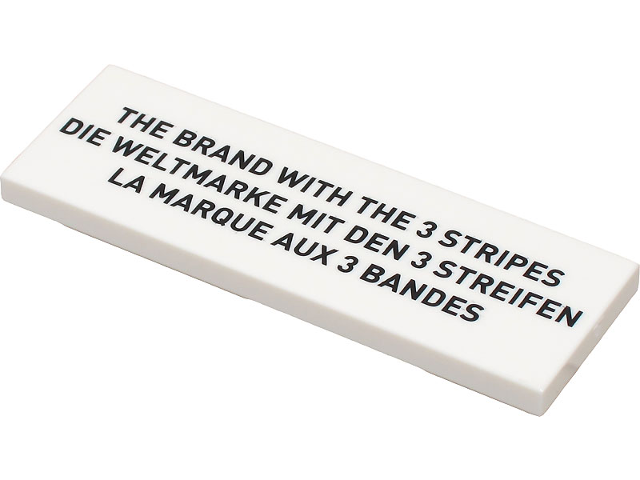 Tile 2 x 6 with Black 'THE BRAND WITH THE 3 STRIPES', 'DIE WELTMARKE MIT DEN 3 STREIFEN', and 'LA MARQUE AUX 3 BANDES' Pattern