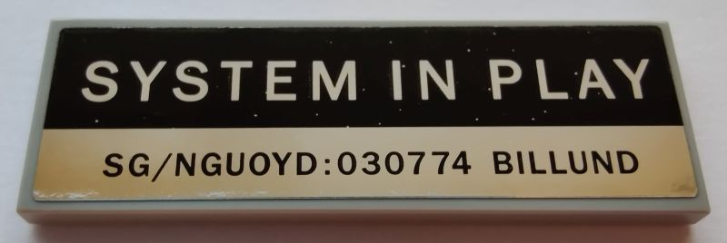 Tile 2 x 6 with 'SYSTEM IN PLAY' and 'SG/NGUOYD:030774 BILLUND' Pattern (Sticker) - Set 21327