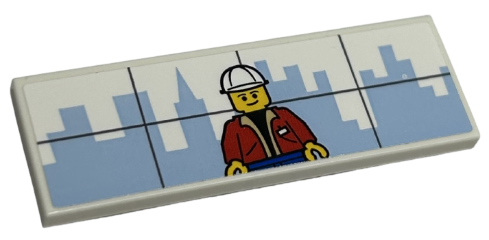 Tile 2 x 6 with Bright Light Blue City Skyline and Minifigure with White Construction Helmet Pattern (Sticker) - Set 40528