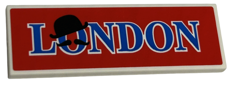 Tile 2 x 6 with Blue 'LONDON', Black Bowler Hat and Moustache on Red Background Pattern (Sticker) - Set 40569