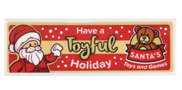 Tile 2 x 6 with Santa Minifigure, Teddy Bear, and White and Gold 'Have a Toyful Holiday' and 'SANTA'S Toys and Games' Pattern (Sticker) - Set 10308
