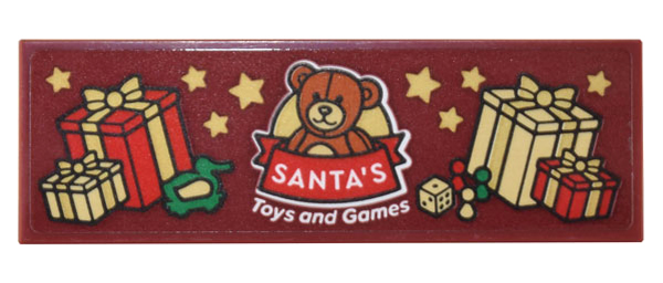Tile 2 x 6 with Dark Orange Teddy Bear, 'SANTA'S Toys and Games', Presents, Toys, and Gold Stars Pattern (Sticker) - Set 10308