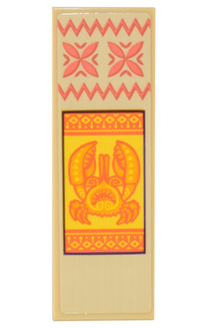 Tile 2 x 6 with Banner with Coral Geometric Flowers and Zigzags, and Orange Crab Monster Tamatoa on Yellow Background Pattern (Sticker) - Set 43205