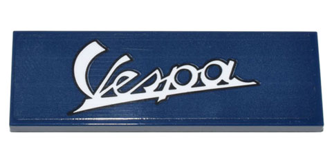 Tile 2 x 6 with White Script Vespa Logo Pattern (Sticker) - Set 10298