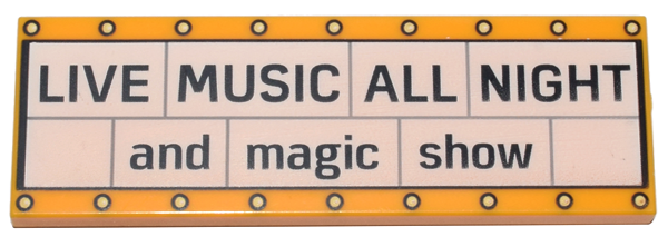 Tile 2 x 6 with White Marquee Sign with Black 'LIVE MUSIC ALL NIGHT and magic show' and Bright Light Yellow Circles Pattern